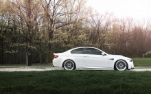Вид сбоку на белый BMW 3 серии, М3, трава, деревья без листьев